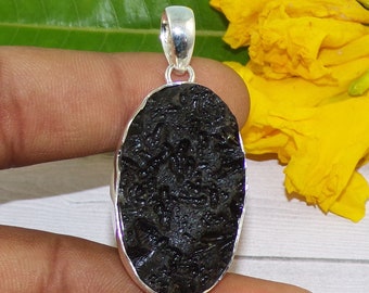 Handmade 925 Sterling Silver Tektite Pendant, Black Gemstone Necklace