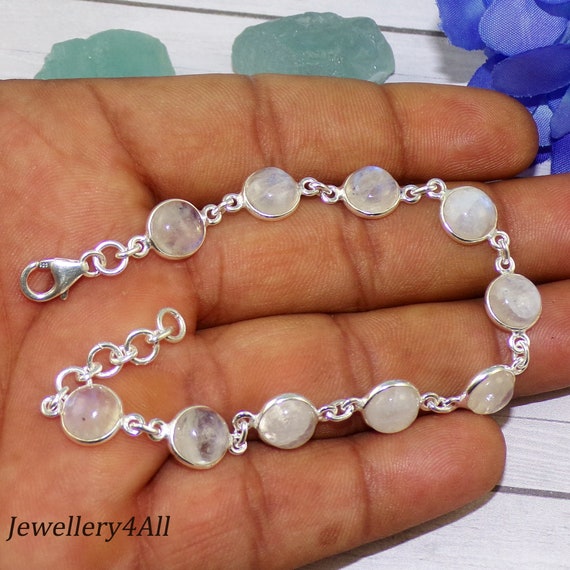Rainbow Moonstone Sterling Silver Chain Bracelet, Adjustable  display picture 1