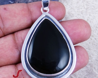 Handmade Teardrop Black Onyx Pendant, 925 Sterling Silver Necklace