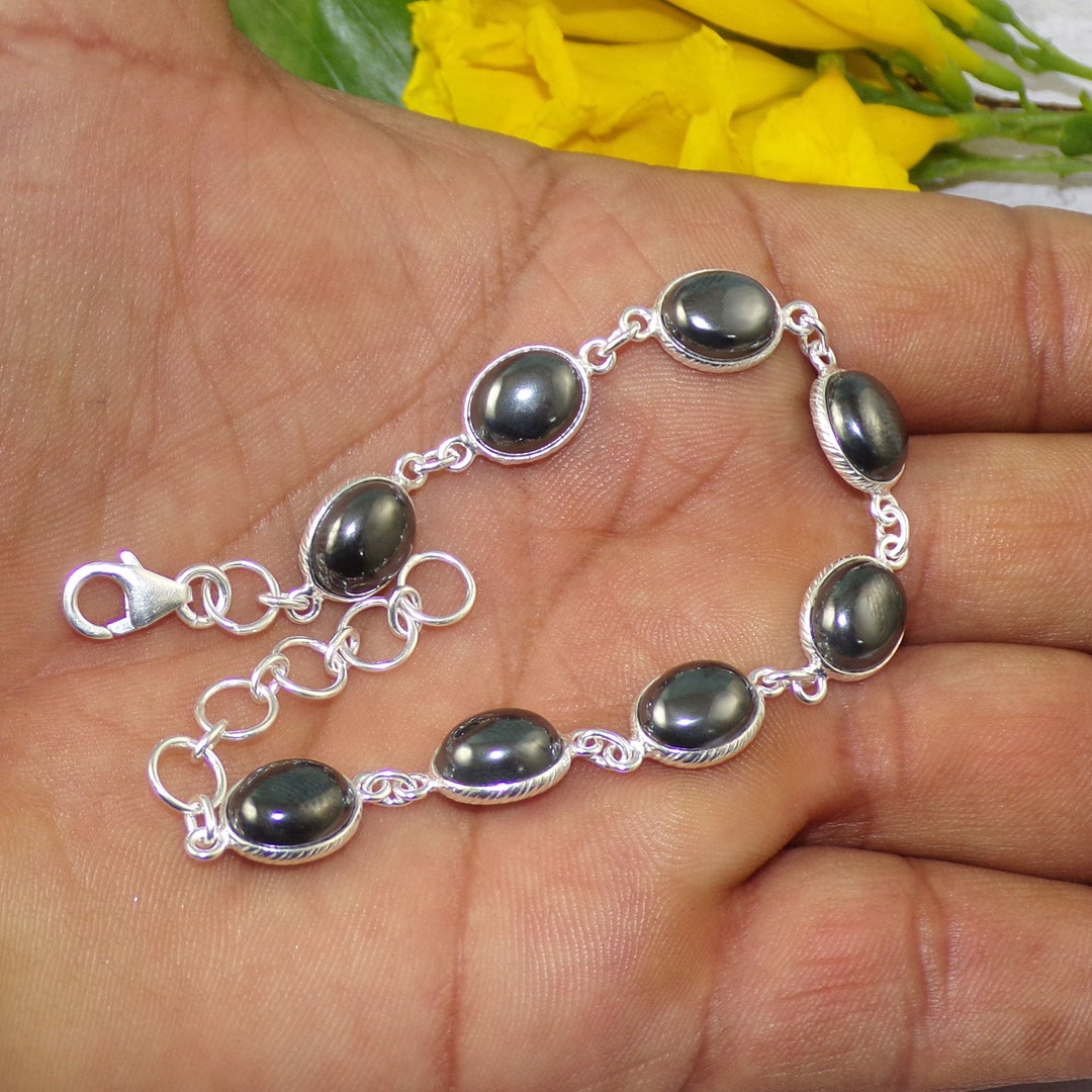 Hematite Bracelet: Bezel Set in 925 Sterling Silver, Adjustable - Etsy