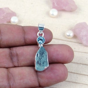 Natural Raw Aquamarine Pendant, Blue Topaz Pendant, Solid 925 Sterling Silver Pendant, Aquamarine Jewelry, March Birthstone, For Her K33111