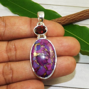 Huge Purple Copper Turquoise Pendant, Garnet Pendant, Purple Turquoise Pendants, Chunky Cocktail Pendant, Solid 925 Sterling Silver, M71520