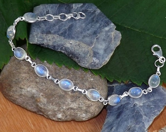Rainbow Moonstone Bracelet: Handmade 925 Sterling Silver Bezel Set