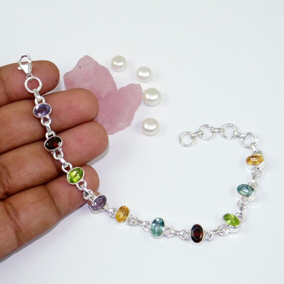 Handmade Sterling Silver Birthstone Bracelet: Multi Gemstone