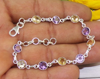 Natural Amethyst & Citrine Bracelet, Women Bracelet, Round Gemstone Bracelet, Adjustable Bracelet, 925 Sterling Silver Charm Jewelry, P42310