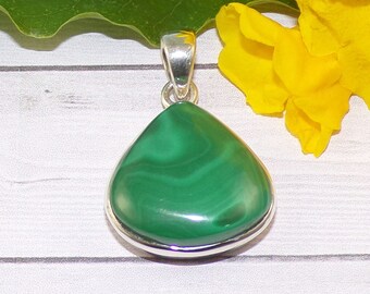 Malachite Pendant, Green Gemstone, 925 Sterling Silver, Handmade Jewelry