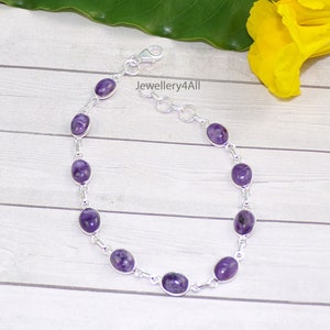 Natural Oval Charoite Bracelet, Bezel Charoite Jewelry, Charoite Bracelets, Solid 925 Silver Bracelet, Artisan Jewellery, For Her, F52130