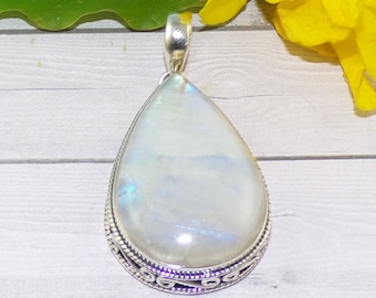 June Birthstone Teardrop Pendant, Natural Big Rainbow Moonstone Gemstone Pendant, 925 Silver Handmade Jewelry, Birthday Gift For Mom, P42216