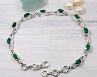 Oval Green Onyx Bracelet: 925 Sterling Silver Adjustable Gemstone Bracelet