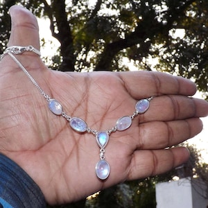 Rainbow Moonstone Necklace, Bezel Necklace, Sterling Silver Necklace, Handmade Necklace-Curb Chain Necklace, Moonstone Necklace, J90105