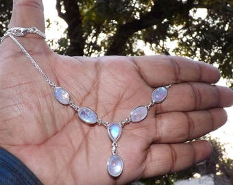 Rainbow Moonstone Necklace, Bezel Necklace, Sterling Silver Necklace, Handmade Necklace-Curb Chain Necklace, Moonstone Necklace, J90105