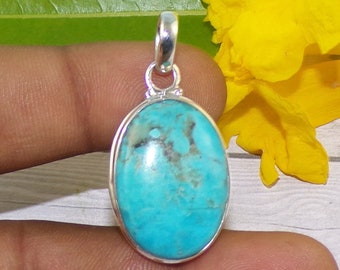 Genuine Blue Turquoise Pendant, Oval Shape Gemstone Pendant, 925 Sterling Silver Jewelry, Handmade Dainty Pendant, Engagement Gift, P42508