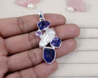 Colgante de amatista en bruto, joyería de amatista morada, colgante de perla, colgante de plata de ley 925, piedra natal de febrero, colgante para ella, J120804