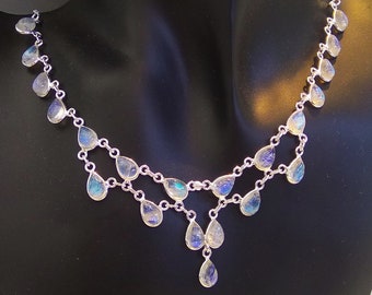 Delicate Real Rainbow Moonstone Necklace in Pure 925 Silver Necklace, Handmade Bezel Set Curb Chain Necklace, Bridal Necklace, Wedding Gift