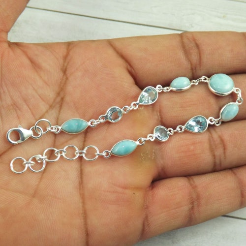 Blue Topaz Bracelet, Solid 925 Silver Bracelet, Round Bracelet, Bezel Bracelet, Larimar Bracelet, Healing Gemstone, Bracelet buying For Her, M80414