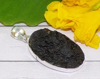 Big Tektite Gemstone Pendant, Handmade Silver Pendant, Black Stone Pendant Necklace, 925 Silver Jewelry, Engagement Gift For Her, P42223