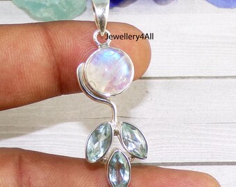Rainbow Moonstone with Blue Topaz 925 Sterling Silver Pendant: Handmade Necklace Pendant, Designer Pendant for Christmas Gift, R1110