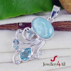 Pingente de topázio azul Larimar, pingente de prata esterlina 925, joias Larimar, joias de topázio azul, pingente de topázio, pingente de colar, presenteie-a -K54