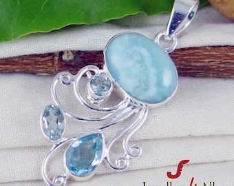Larimar Blue Topaz Pendant, 925 Sterling Silver Pendant, Larimar Jewelry, Blue Topaz Jewelry, Topaz Pendant, Necklace Pendant, Gift Her -K54