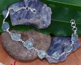 Raw Aquamarine Bracelet: Handmade 925 Sterling Silver Bezel Jewelry