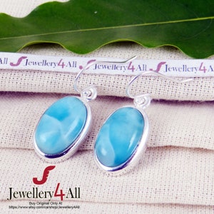 Natural Larimar Earrings, 925 Sterling Silver, Oval Gemstone Earrings, Blue Stone Earrings, Womens Earrings, Handmade Earrings, K53