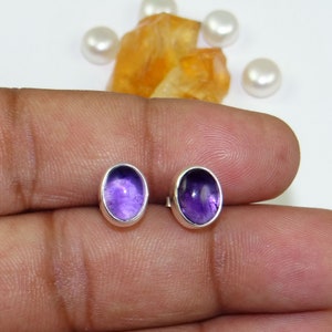 Purple Amethyst Stud Earrings, February Birthstone, 925 Sterling Silver, Handmade Earrings, Tiny Stud Earrings, 6x8mm Oval Stud, Sale,J90117