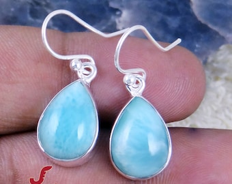 Larimar Earrings, 925 Sterling Silver, Teardrop Gemstone Jewelry