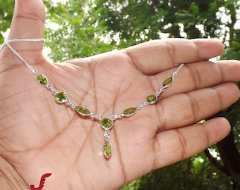 Faceted Peridot Necklace in Sterling Silver: Handmade Bezel Set Chain Necklace, August Birthstone, Bridal Jewelry, Party Wear Necklace