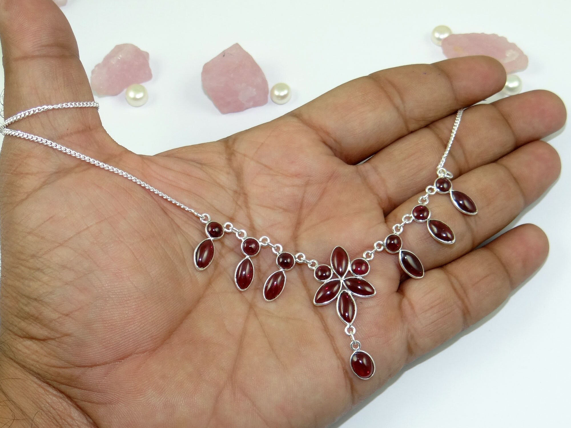 Red Garnet Necklace, 925 Sterling Silver Necklace, Curb Red Garnet Necklace, 925 Sterling Silver Necklace, Curb