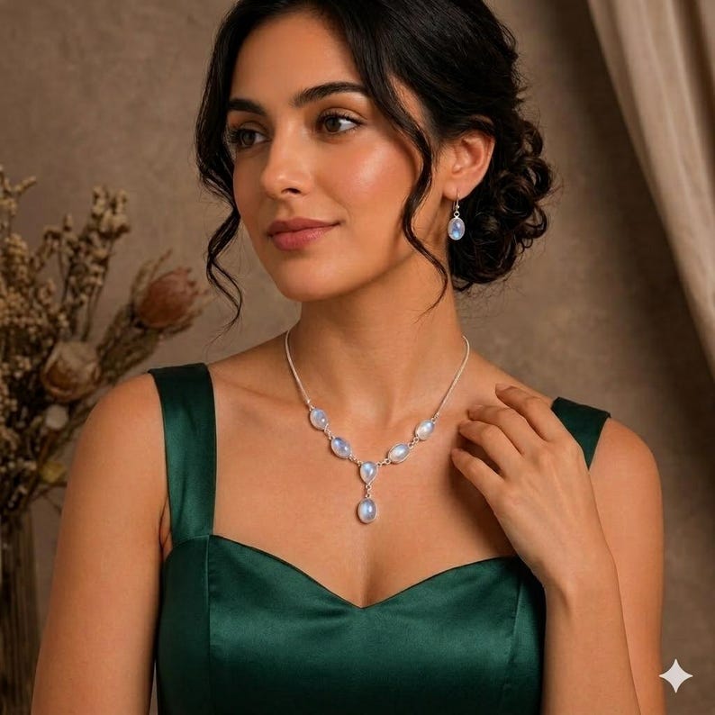 May include: A silver necklace and matching earrings set with oval, light blue gemstones. The necklace has a pendant and is worn with a dark green dress. The jewelry is displayed on a person.
