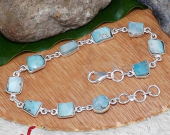 Handmade Raw Larimar Bracelet: 925 Sterling Silver Bezel, Adjustable