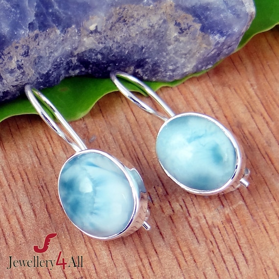 Boucles D'Oreilles Argent 925 Et Larimar - Fait Main - Pierre En Poire Bleue - Longueur 1.45"