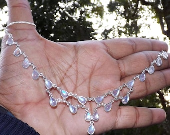 Rainbow Moonstone Necklace in 925 Sterling Silver, Handmade Bezel Set Curb Chain Necklace, Bridal Necklace, Wedding Jewelry For Gift, J92208