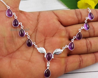 Pear Amethyst Necklace, Cab Amethyst Necklaces, Solid 925 Silver Necklace, Boho Jewelry, Bezel Amethyst Necklace, Delicate Necklace,N012715