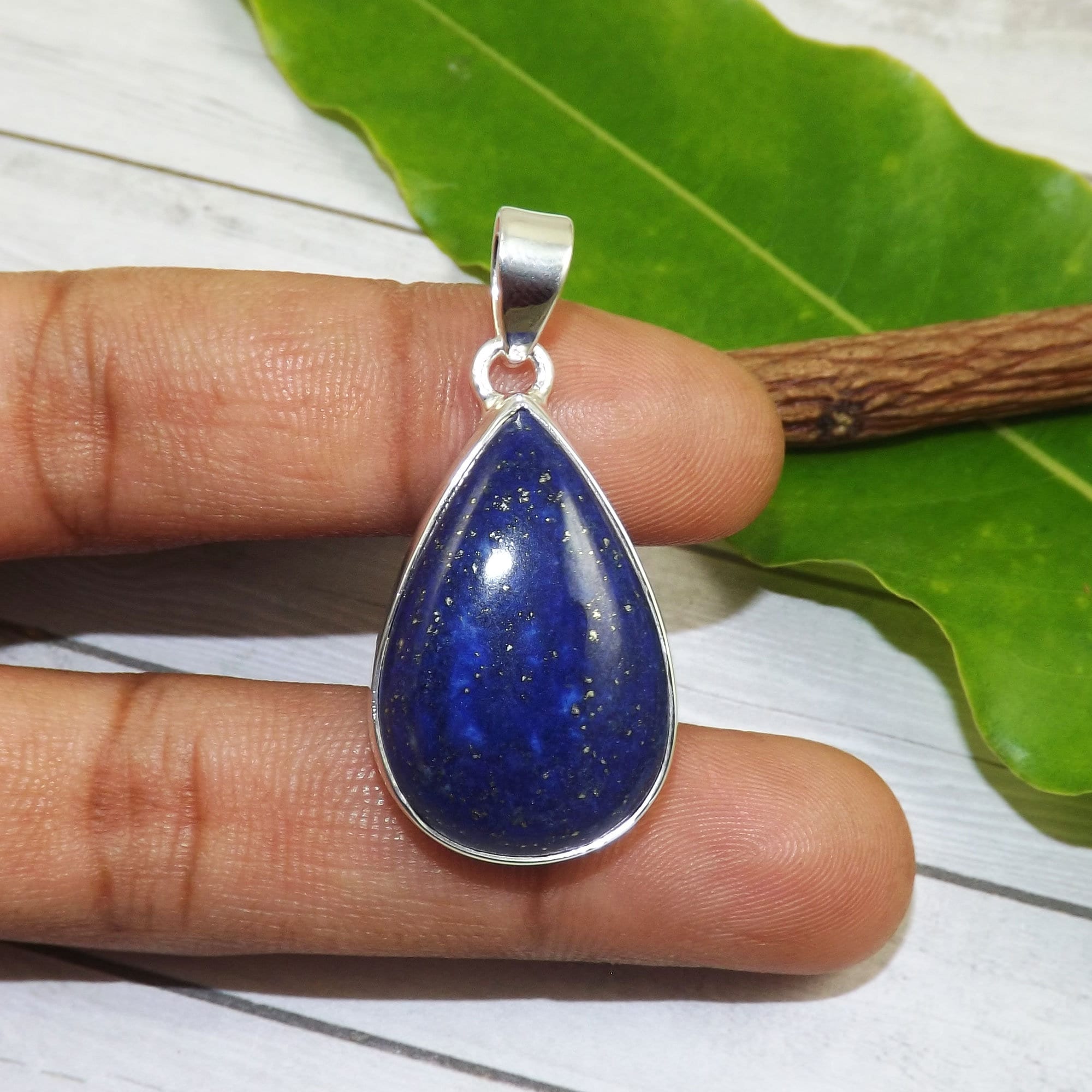 Pendentif Lapis-lazuli Poire Fait Main - Pierre Bleue, Plaque Argent - Vintage Unique