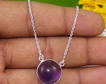 Natural Purple Amethyst Necklace, Birthstone Necklace, 925 Sterling Silver Necklace, Round Gemstone Necklace, Handmade Jewelry Gift, P42304