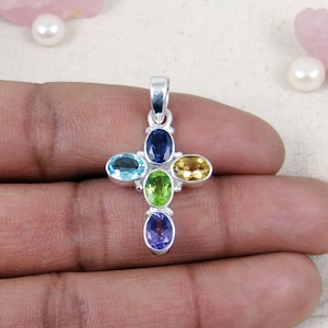 Cross Pendant, Multi Cut Gems Cross Pendant, Iolite, Blue Topaz, Citrine, Peridot, Amethyst Birthstone Pendant, 925 Silver Pendant, J121602