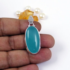 Pendentif calcédoine bleue : collier fait main en argent sterling 925