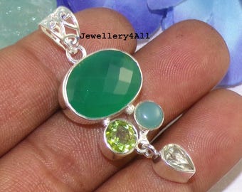 Handmade Sterling Silver Green Onyx Pendant: Peridot, Opal & Amethyst