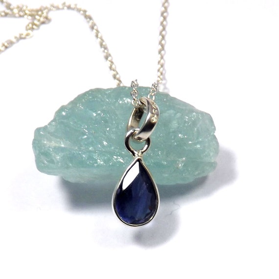 Teardrop Iolite Necklace, 925 Sterling Silver Pendant, 18 inch Chain