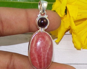 Natural Rhodochrosite Stone Pendent, 925 Silver Pendant Necklace, Red Garnet Pendant, Two Stone Pendnat, Handmade Jewelry For Her, P42217