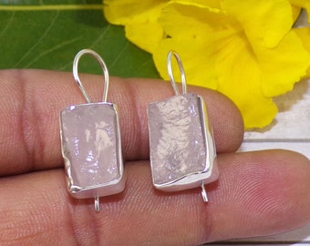 Raw Rose Quartz Earrings, Solid Sterling Silver, Birthstone Jewelry