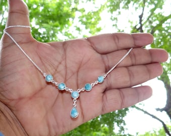 Mooie larimar cabochon 925 sterlingzilver klassieke eenvoudige ring set bruidsketting voor haar. J20813: