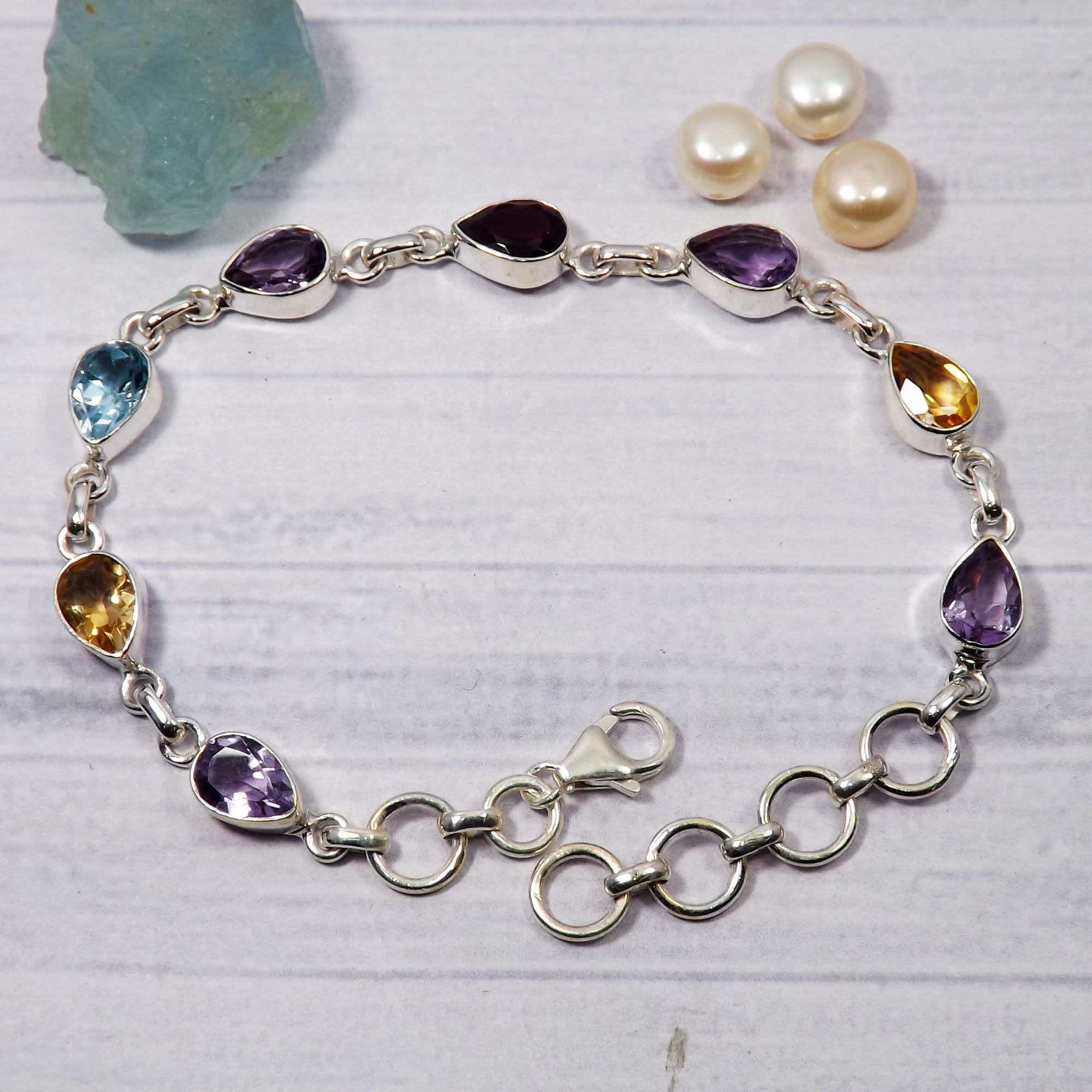 Bracelet Couple En Argent Sterling 925 Avec Citrine Et Grenat - Fait Main, Réglable