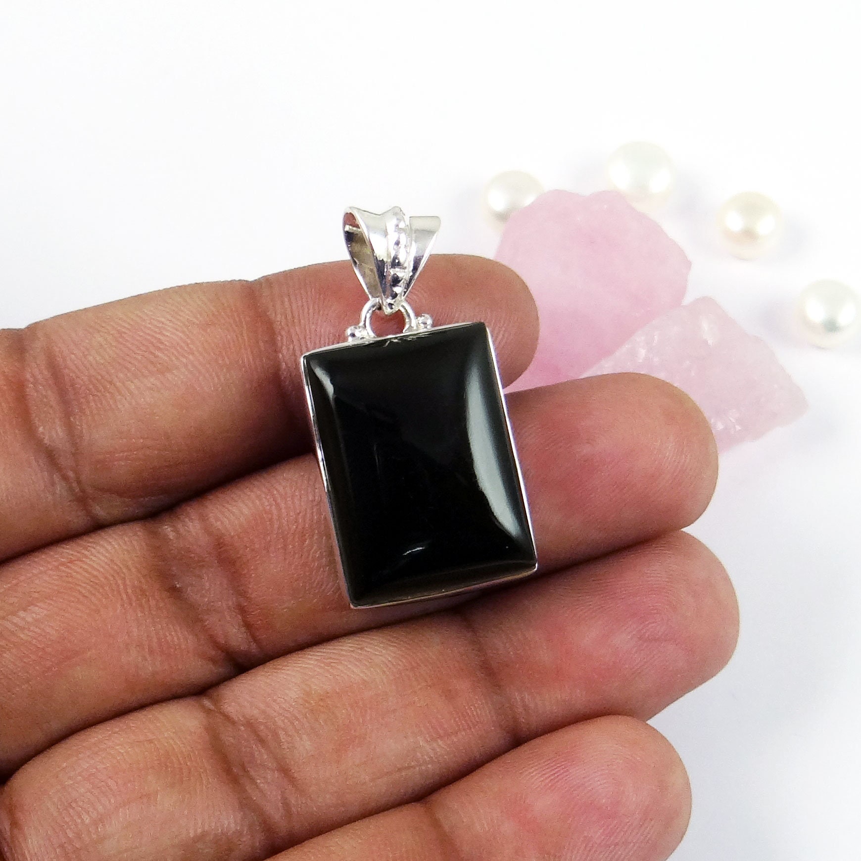 ☆MARS MARK☆ Octagon Black Onyx Pendant M62 Black Onyx Stone Pendant, Silver Necklace Men, Mens Necklace