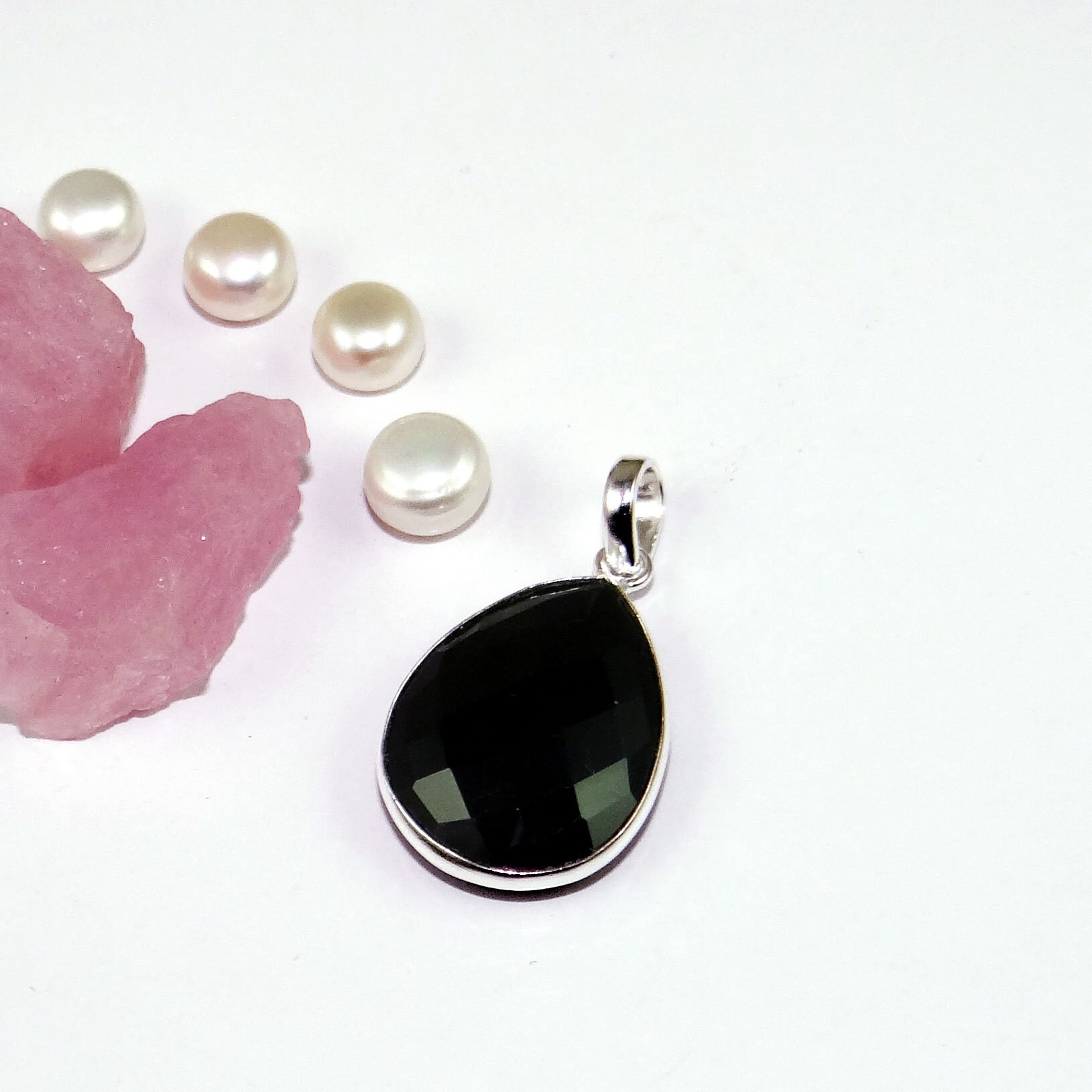 カボションブラックオニキスペンダント、925スターリングシルバー