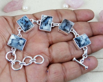 Pulsera de plata de ley 925 con ágata dendrítica de grado AAA+, cierre de palanca, pulsera hecha a mano, regalo único, K22426