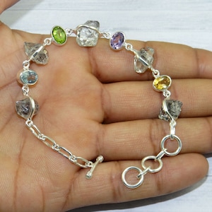 Blue Topaz Citrine, Peridot Garnet Bracelet, Rough Herkimer Diamond Bracelet, Solid 925 Silver Bracelet, Raw Diamond Bracelet, M30901