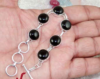 Black Onyx Bracelet, Solid 925 Silver Toggle Onyx Bracelet, Black Onyx Jewelry, Round Bracelet, Mothers Day Gift, Sale, Gift For Her, J70812