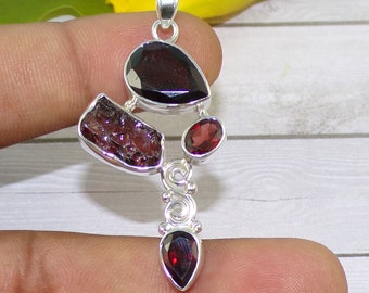 Rough Garnet Pendants, Faceted Garnet Pendants, 925 Sterling Silver Pendants, Multi Garnet Pendants, Anniversary Gift, Gift For Her, N81102